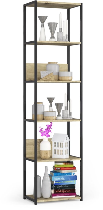 Bibliothèque ouverte, étagère échelle, style industriel / étagère modulaire en métal avec 6 étagères / étagère de rangement / étagère à livres étagère de stockage / noir – chêne Artisan / 50 x 192 x 32 cm