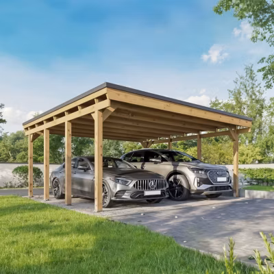 Carport Bois CASTELLANE – 2 Voitures – Traitement Autoclave – Ancrage de Fixation en H – Bois de Haute Qualitée – Poteaux 12×12 cm