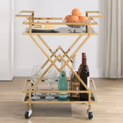 Desserte Chariot de bar moderne à roulettes Verre doré Métal 65x80x40 cm FineBuy