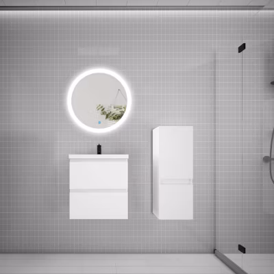 Ensemble meuble vasque L.50cm 2 tiroirs + lavabo + LED miroir rond 60cm + colonne,blanc,easy