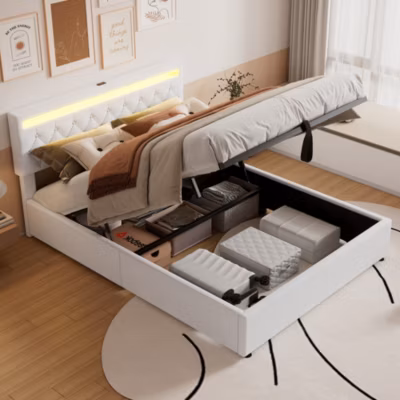 Lit 160×200 cm avec coffre hydraulique, eclairage LED multicolore avec telecommande, ports USB Type C, lin blanc