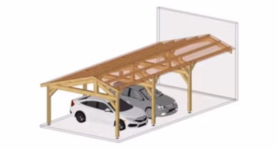 Carport deux pentes faitage décalé adossé 500cmx1150cm Bois DOUGLAS (Charpente – Auvent – Abri voiture) surface 58 m²