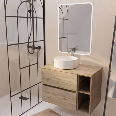 Meuble salle de bains 80 TIMBER Décor Chêne Tiroirs + Module – Vasque Blanche – Miroir 60×80 LED