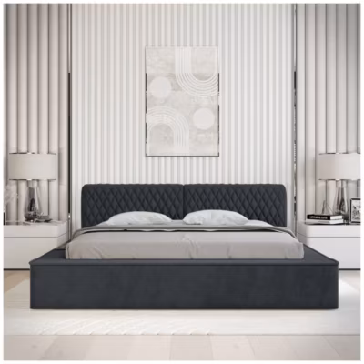 Lit coffre VERNON  Tissu chenille bouclé Charbon bleu  140×200 cm  Sommier relevable  Design haut de gamme
