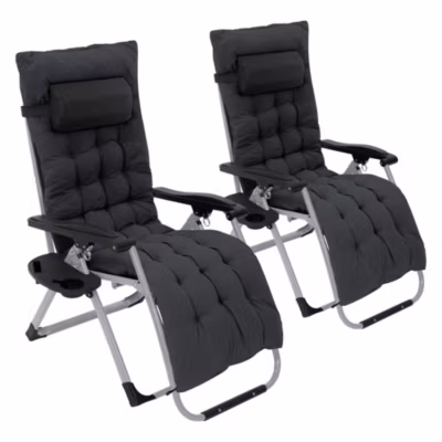 2x Chaise longue pliante Hauki noire avec coussin cervical réglable et porte-boisson pour extérieur