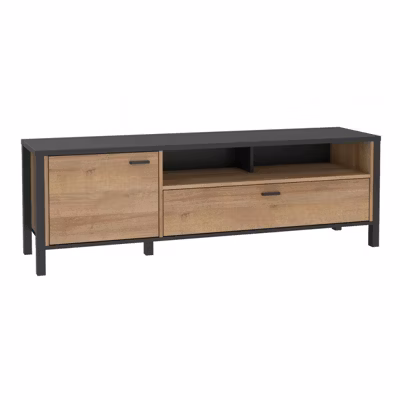 Meuble TV 151 cm décor noir et effet chêne avec poignées noir – MODE