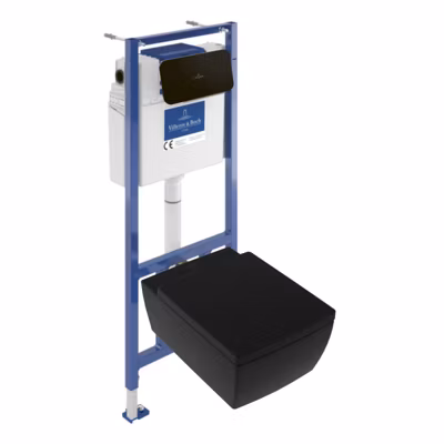 Pack WC suspendu sans bride VILLEROY ET BOCH Memento 2.0 + abattant + bâti-support sol et mur + plaque Pure Black