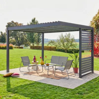 Pergola bioclimatique aluminium et acier anthracite lames orientables avec persienne intégrée 3.5×3.5m Palace