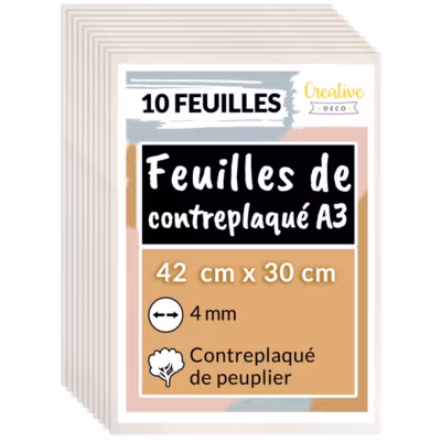 Creative Deco 10 x A3 Contreplaqué 420 x 300 x 4mm (+/-0,5mm) – Bois Brut Peuplier – Panneau Découpe Laser – Pyrogravure Gravure