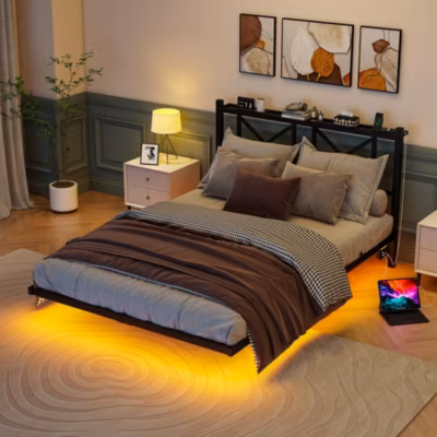 Lit 140×200 cm avec tête de rangement, effet flottant et éclairage LED intégré, cadre métal noir moderne