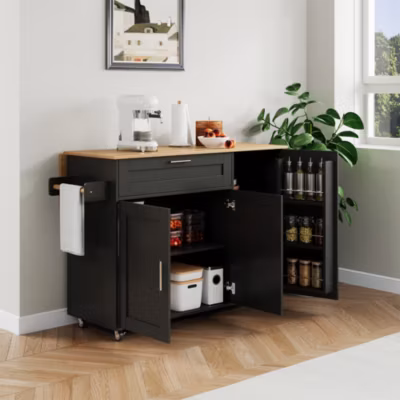 Îlot de Cuisine Mobile – Meuble de Rangement avec 3 Portes et 1 Tiroir, Plan de Travail Chêne – Noir, 132.5x44x90 cm