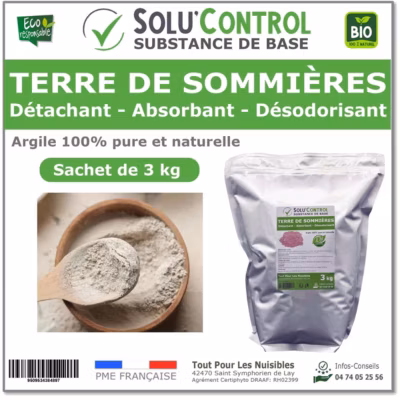 SOLU&rsquo;CONTROL – Terre de Sommières 3 kg – Détachant Naturel et Absorbant – Élimine les Odeurs d&rsquo;Urine, Litière de Chat, Tapis