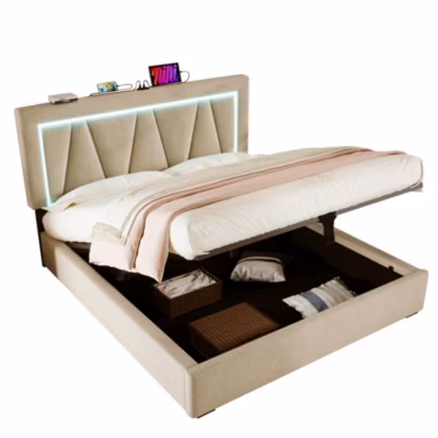 Lit 140×200 cm sommier relevable rangement tete de lit reglable lin beige LED USB Type C