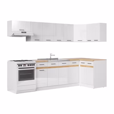 JUNONA Cuisine d&rsquo;angle complete 340cm – 10 éléments – Plan de travail inclus – Blanc brillant