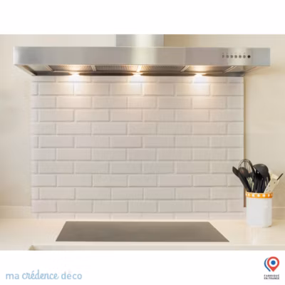 Crédence cuisine fond de hotte Briques blanches – Verre trempé – L 90 cm x H 70 cm – MaCrédenceDéco