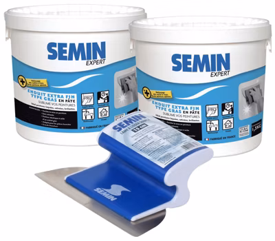 Enduit Extra Fin Semin, Lissage Type Gras, Intérieur, Seau de 1,5 kg (lot de 2) et 1 Lame  pour Lisser, 15 cm