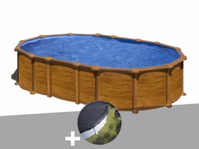 Kit piscine acier aspect bois Gré Amazonia ovale 6,34 x 3,99 x 1,32 m + Bâche d&rsquo;hivernage