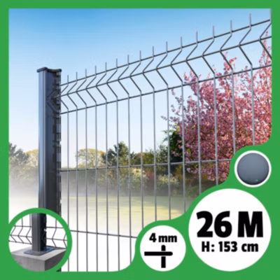 Kit grillage rigide poteaux H – longueur 26 mètres – 153 cm, Gris Anthracite, A visser sur platines