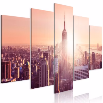 Tableau Villes Sun over Manhattan (5 Parts) Wide Orange 100×50 cm