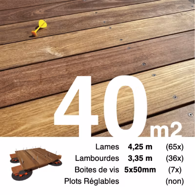Kit terrasse bois exotique CUMARU pour 40 m², Lames 4,25 m, lambourdes 3,65 m et visserie Inox.