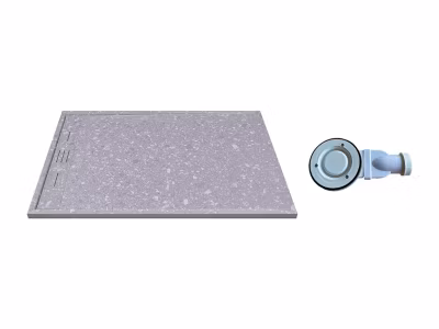Receveur de douche extra plat à poser ou à encastrer recoupable en résine SMC avec siphon – Effet terrazzo gris – 140 x 90 cm –