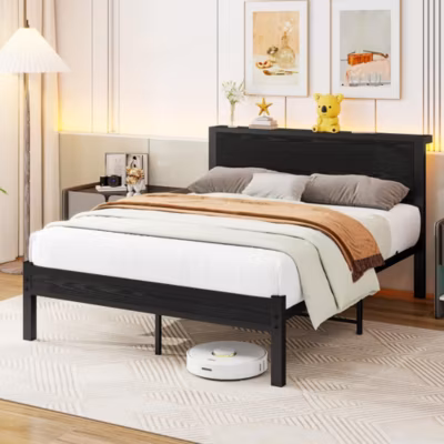 Cadre métallique 140×200 cm, tête de lit avec rangement, base métal – noir