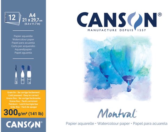 Bloc aquarelle CANSON Montval 160 x 284 mm, 300 g/m², 12 feuilles