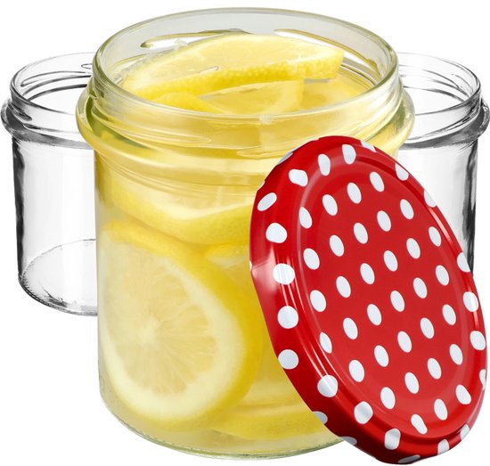 Bocaux à confiture KADAX, 350 ml, diamètre 82 mm, bocaux à couvercle à vis, pots à miel, bocaux de conservation pour champignons, confiture, miel (10 pièces, pointillés rouges)