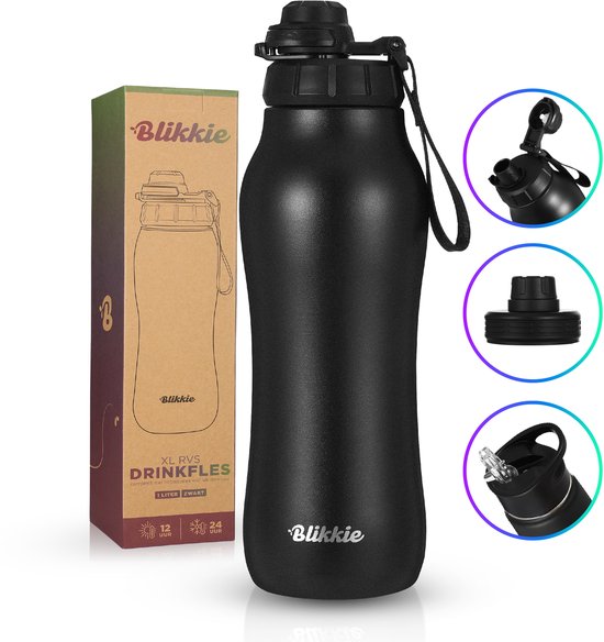 Bouteille d&rsquo;eau en acier inoxydable Blikkie® 1 litre – Bouteille d&rsquo;eau avec paille – Thermos en acier inoxydable – 3 bouchons – Étanche et sans BPA – Sport et les Bébé en route