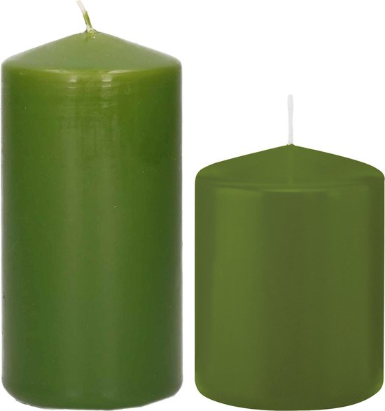 Bougies cylindriques set de 4x pièces vert olive 8 et 12 cm