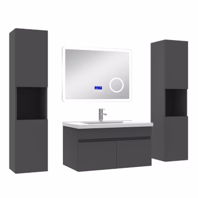 Ensemble meuble 80 cm anthracite, lavabo céramique + 2 colonnes hautes + Miroir Bluetooth avec 3 couleurs dimmable, suspendu
