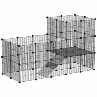 Cage parc enclos modulable rongeurs 2 niveaux 39 panneaux fil métallique PP noir