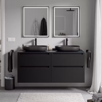 Meuble sous vasque suspendu MDF Noir mat, plan vasque Bleu nuit mat, tiroirs pivotants – 120x46x62cm – VIREO