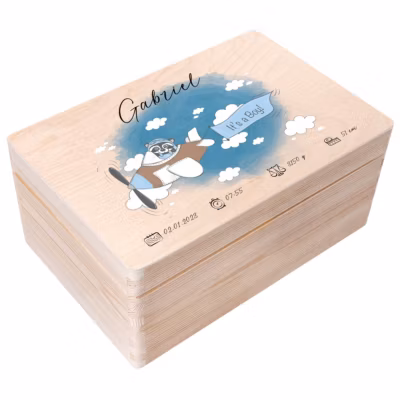 Creative Deco Boîte en Bois Personnalisée pour Naissance – Motif Raton Laveur – 30 x 20 x 14 cm – Cadeau Souvenir Bébé