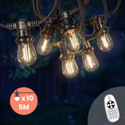 Guirlande Guinguette 5M Filament LED 10 Bulbes Dimmables Avec Variateur et Télécommande