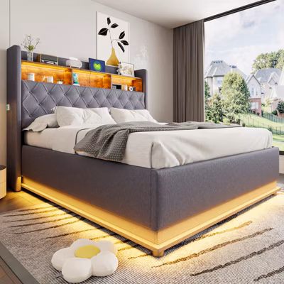 Lit double LED 160×200 cm en tissu lin gris avec port USB et coffre de rangement hydraulique, lit rembourré moderne et pratique