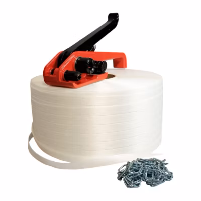 Kit 1 Feuillard de cerclage fil à fil 13 mm x 1100 m + 250 boucles OFFERTES + 1 tendeur – Résistance 375kg – TECPLAST KFF1