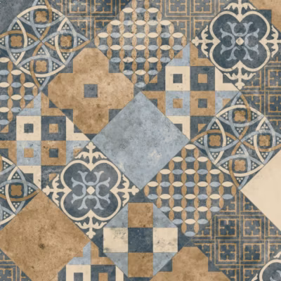 Sol PVC – Carreaux Art Déco – Marron et Bleu Gris – Rouleau de 3m x 10m