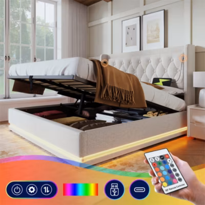 Lit adulte lit 140×200 cm lit rembourré hydraulique lit de rangement lit double coton beige