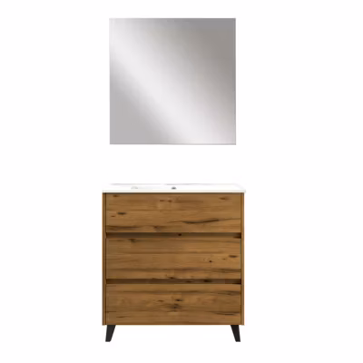 Meuble de salle de bain avec lavabo, miroir et éclairage LED SIREX 80×45 cm finition teck clair mat 3 tiroirs avec pieds Kibath