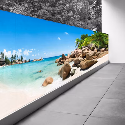 Brise vue Trompe l&rsquo;oeil – 120×480 cm – Vue plage mer palmiers 3617689692739