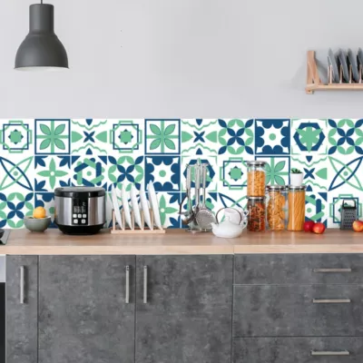 Crédence adhésive carreaux de ciment vert et bleu 60X200cm