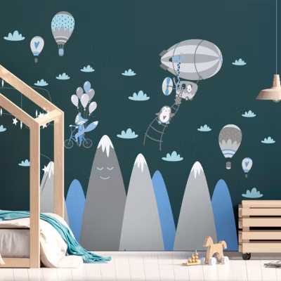 Stickers enfant montagnes scandinaves animaux libres 100 x 150 cm