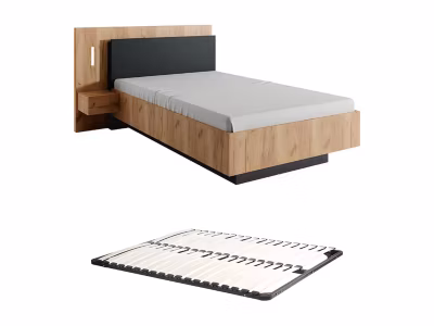 Lit avec chevets 120 x 200 cm – 2 tiroirs – Avec LEDs – Coloris : Naturel et anthracite + Sommier – FRANCOLI