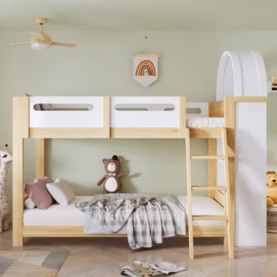 Lit superposé 90×200 cm avec étagère 3 niveaux et échelle 3 marches en pin massif/MDF