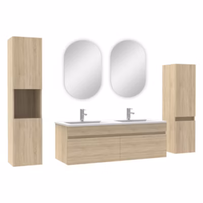 Meuble Salle de Bain Chêne Wotan 120cm double vasque + colonne + miroir ovale