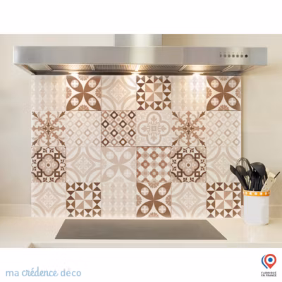 Crédence cuisine fond de hotte Carreaux ciment ocre – Verre trempé – L 70 cm x H 60 cm – MaCrédenceDéco