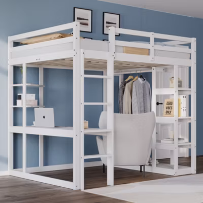 Lit mezzanine 140×200 cm – Lit double avec bureau intégré, rangements fonctionnels et échelle – Pin et MDF – Blanc