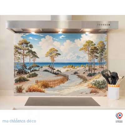 Crédence cuisine fond de hotte Dune, Arbres et mer, Sud ouest, Aquarelle 2 – Verre trempé – L 60 cm x H 45 cm – MaCrédenceDéco