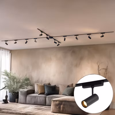Système d&rsquo;éclairage sur rail moderne avec 12 spots noirs monophasés 600 cm – Magnetic Gert